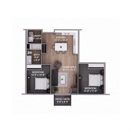 Floor plan for 2 beds, 1 bath, 886 sqft